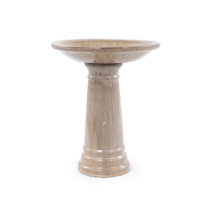  Ceramic Pedestal Bird Bath for Outside, 15 x 12 Inch, Light Khaki