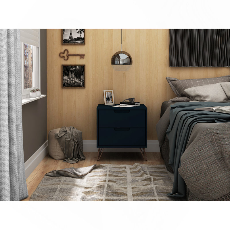 Rockefeller 20" Nightstand In Midnight Blue (2-Drawer), Dark Blue/Bronze