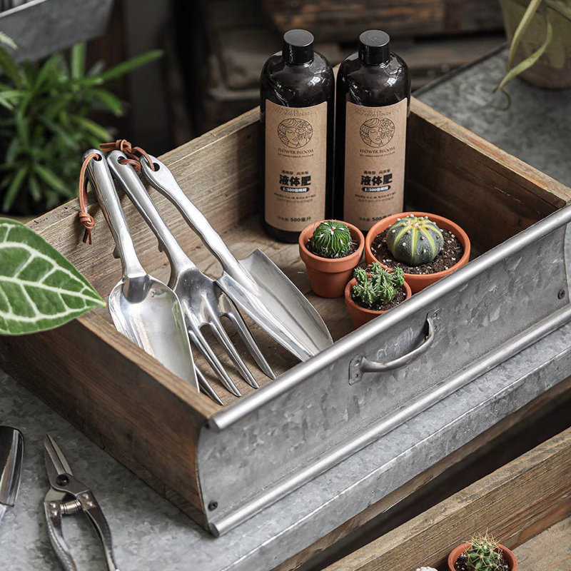 Rustic Wood and Metal Garden Tray Planter, 3.9" H x 12.6" W x 8.2" D