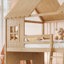 Lit superposé double au-dessus de double avec échelles, glissières et rangement, conception de maisonnette pour enfants, finition en bois naturel-133491274