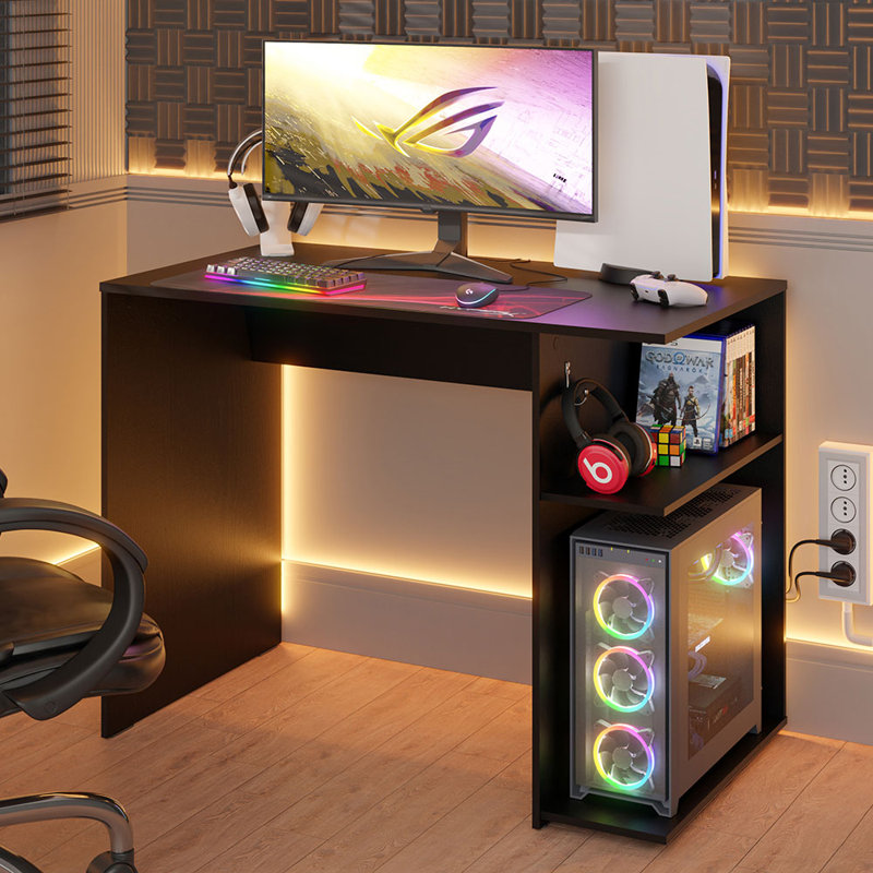 Gaming Computer Desk 39 Inch with 2 Shelves and Headphone Hanger Wooden Sturdy Home Office Table for Kids and Adults, Black