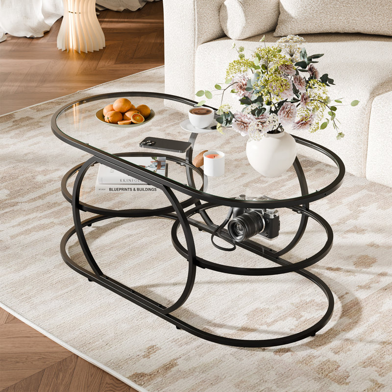 40" Glass Top Coffee Table With Metal Frame, Black