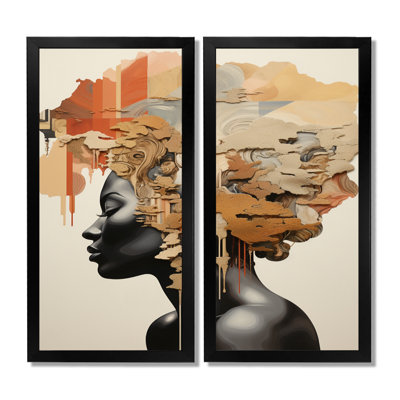 Minimalism African Woman Portrait - Africa Canvas Art, Beige Landscapes Wall Art Set Of 2