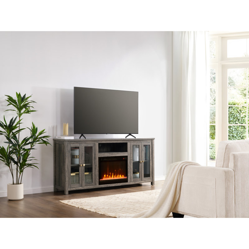 Ellington 70"W Gray Walnut Finish Fireplace TV Stand Console With Heater, LED Light, Cabinets, Shelves