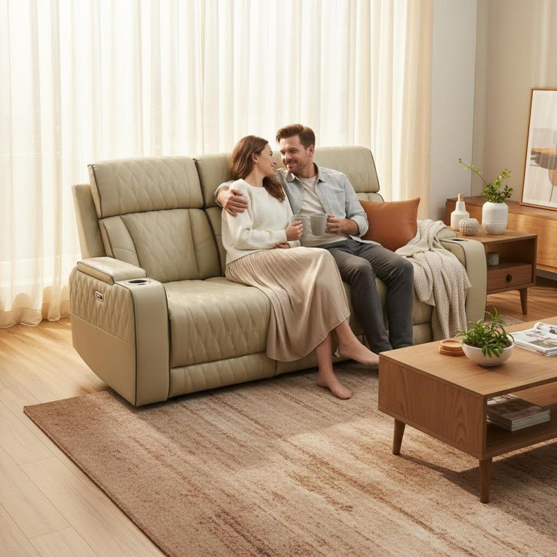 Canapé inclinable électrique en cuir Beige Breathing