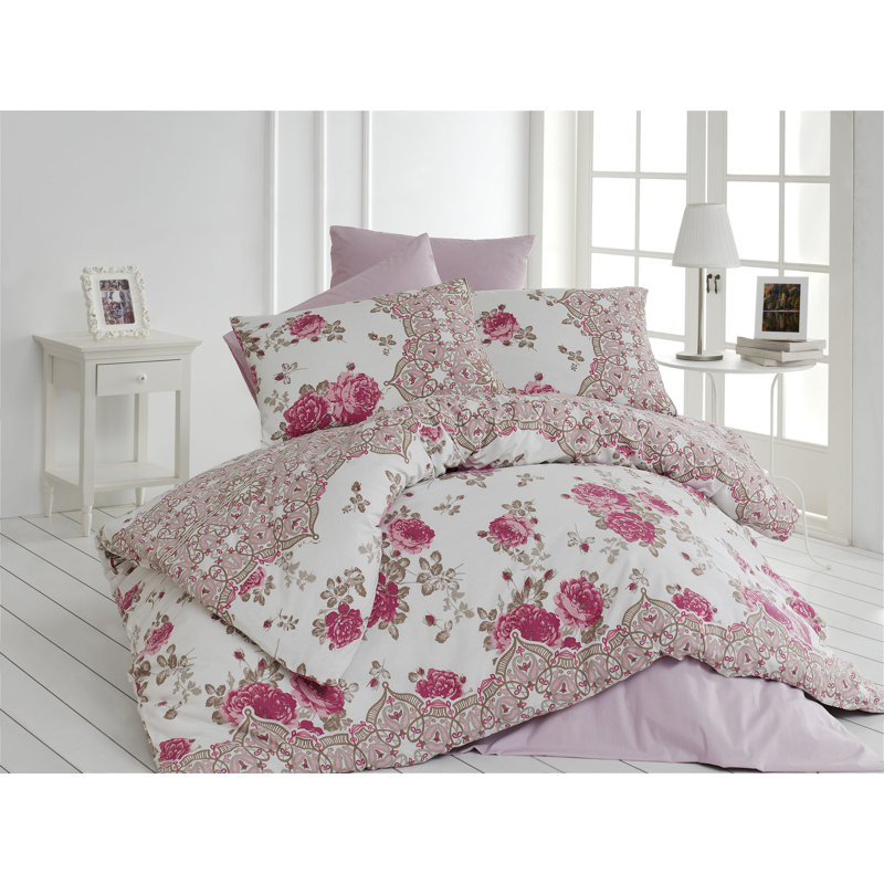 Ensemble de housse de couette en coton Everlee, Rose / blanc, Housse de couette double + 2 taies d'oreiller stan