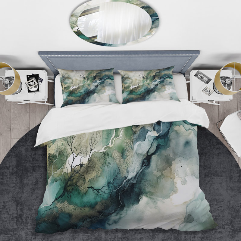 Ensemble de housse de couette en microfibre / polyester vert / bleu marbré Dreamscape I