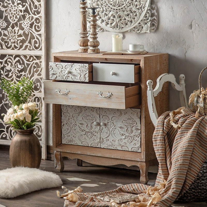 Rustic Retro Solid Wood Carved Accent Cabinet