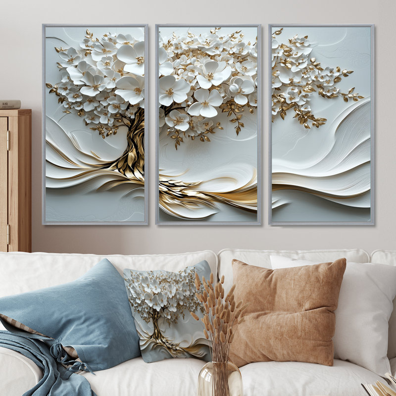 Cerisiers en fleurs blanc doré II - ensemble d'art mural cerisier en fleurs, Toile argentée avec cadre flottant