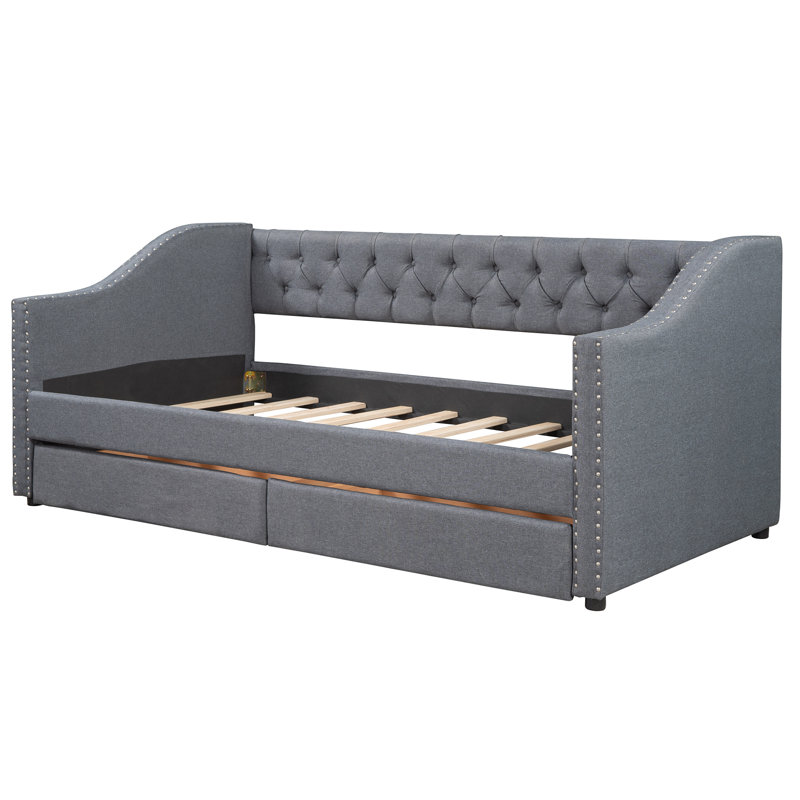 Versatile Storage Twin Daybed Upholstered In Grey Linen For Elegant Bedroom Setup
