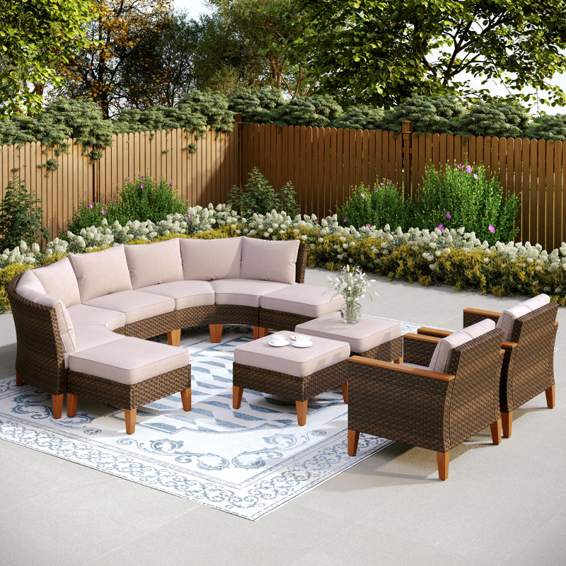 All Weather Wicker/Rattan 11 - Person Seating Group with Cushions, Beige