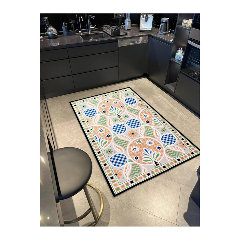 Orange Green Themed Geometric Figure And Flower Patterned Modern Decorative Carpet, Rectangle 2'4" x 4'
