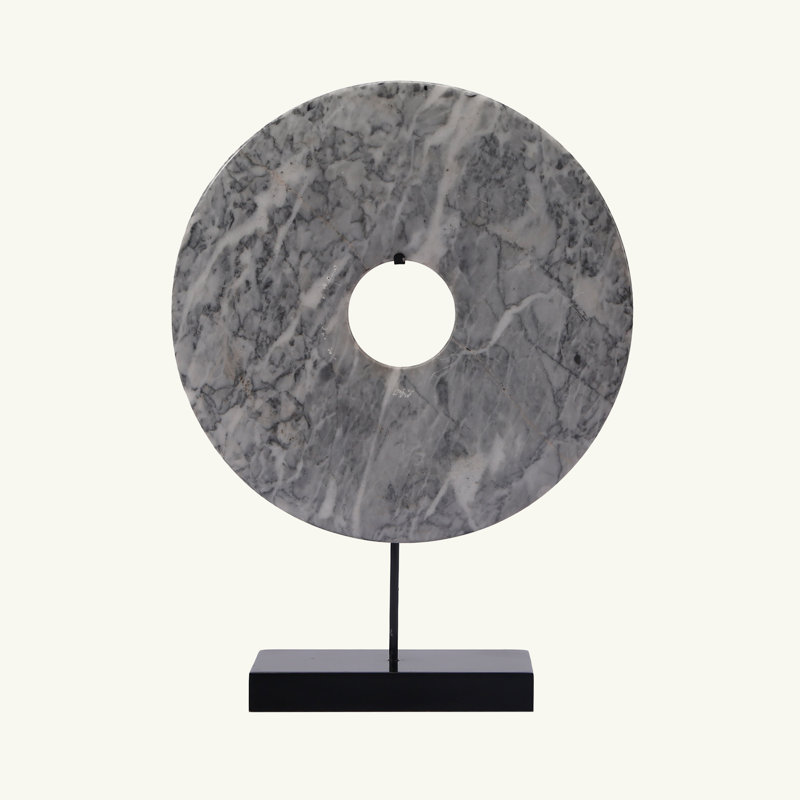 Jade Disk Sculpture with Base, 16" H x 2" W x 12" D, Marble Black