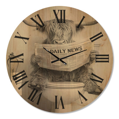 Large Countryside Wood Wall Clock – Highland Cow Reading on the Toilet