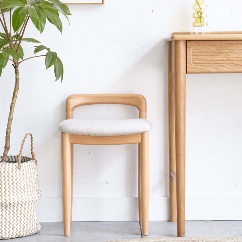 Natural Beech Wood Make-up Stool Bed Bench for Dining Room and Bedroom, Durable and Comfortable with Soft Linen Cushion