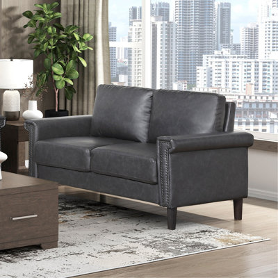 Transitional 2pc Sofa Set Dark Gray Faux Leather Sofa and Loveseat Upholster Nailhead Trim Plywood Living Room Furniture