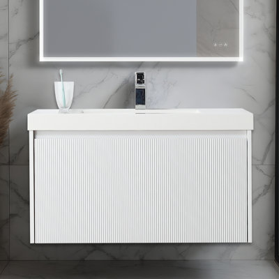 Meuble-lavabo flottant 36 po avec lavabo en acrylique Lovold - Armoire murale en bois avec façade cannelée, tiroirs à fermeture en douceur et design moderne