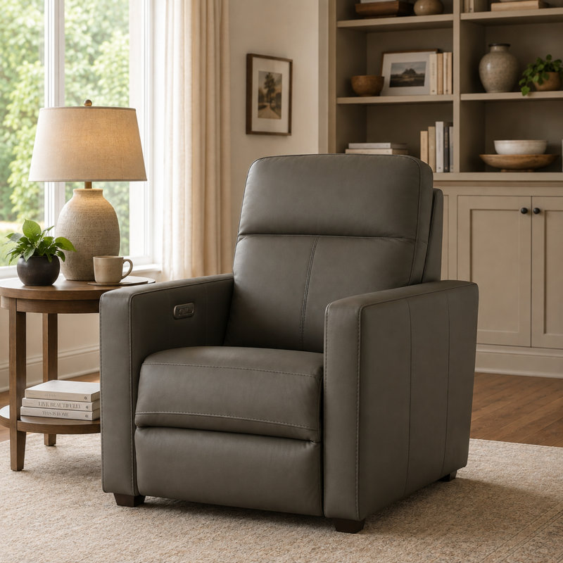 Broadway 34" Genuine Leather Power Recliner, Shale Leather Match