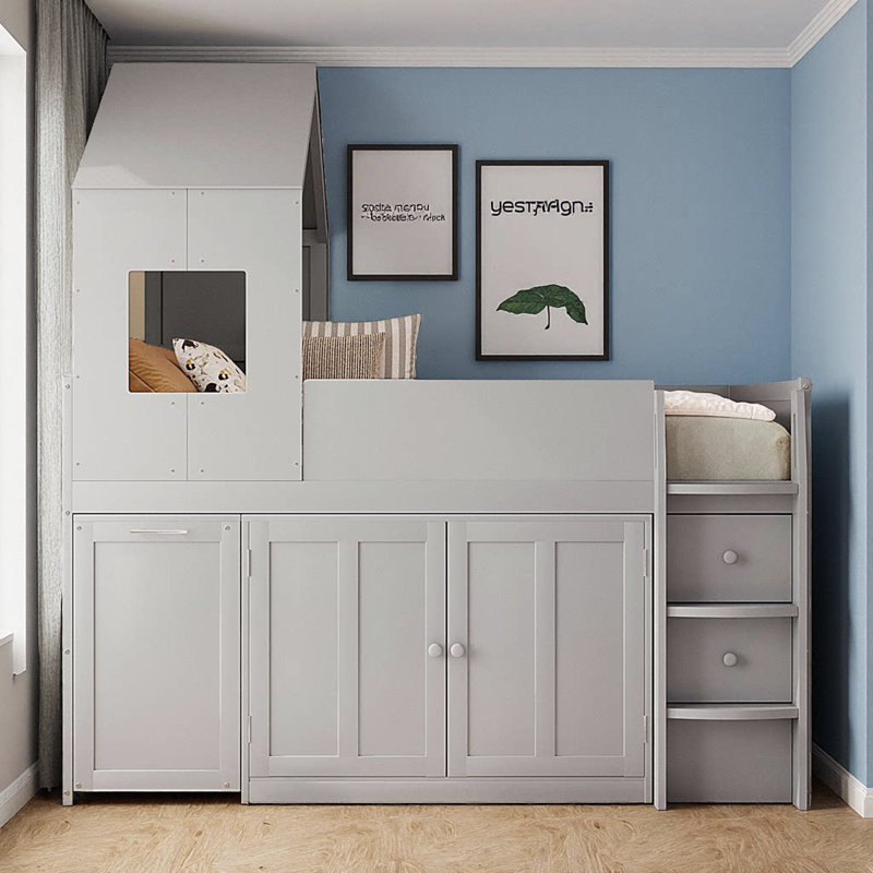 Élégant lit mezzanine simple avec bureau coulissant, rangement intégré et conception de maisonnette - solution ultime pour économiser de l'espace pour les enfants