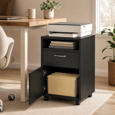 Armoire de rangement mobile noire avec armoire à tiroirs avec tablette ouverte et roulettes verrouillables