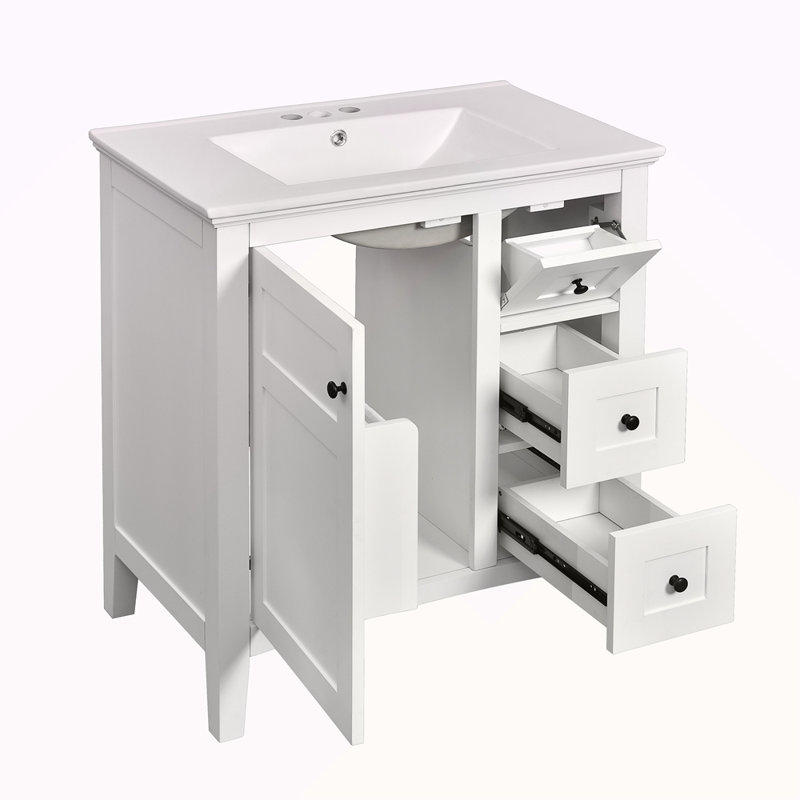 Meuble-lavabo de 30 po avec lavabo en céramique et 3 tiroirs, armoire de rangement moderne en bois massif, idéale pour la maison