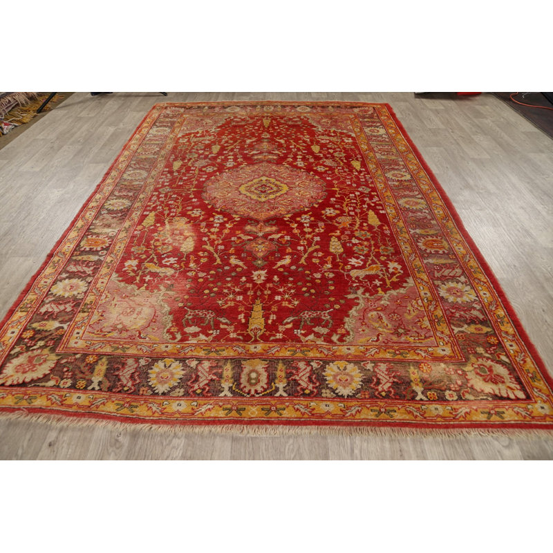 Tapis rouge / beige en laine noué à la main de conception unique 6 pi 10 po x 10 pi années 1900