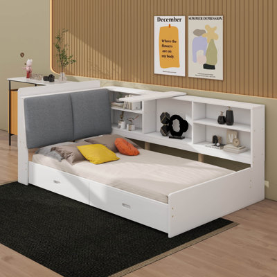 Wooden Twin-Size Platform Bed With Headboard Storage, Shelving Compartments, And Two Integrated Drawers