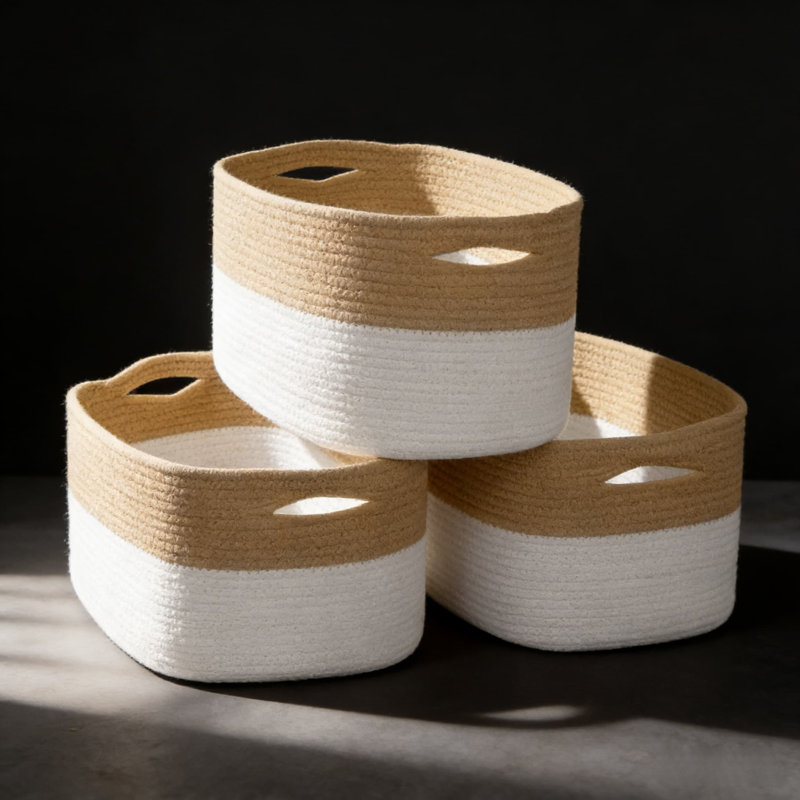 Square Cotton Rope Woven Storage Basket 3-pack - Collapsible Toy & Household Clutter Organizer Bins
