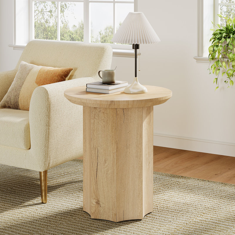 Wooden Round Side Table With Geometric Vertical Base