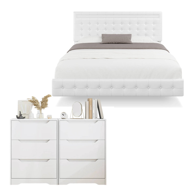 Ensemble de chambre à coucher 3 pièces, cadre de lit flottant avec tête de lit à DEL et ensemble de table de chevet 3 tiroirs