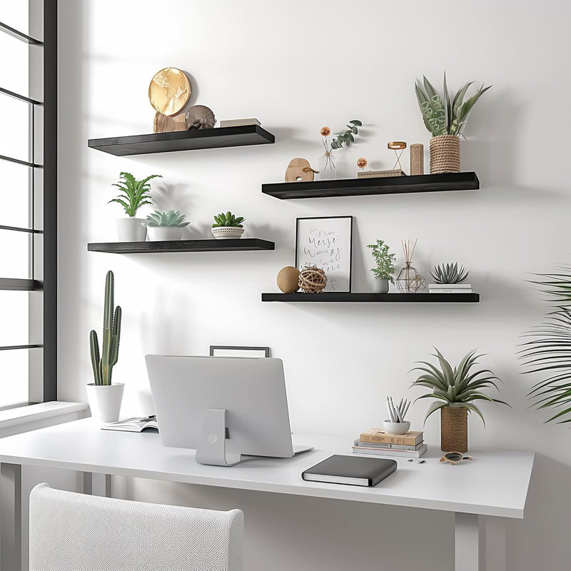 Rustic Floating Shelves For Wall Decor - Set Of 4 Real Wood Shelves With Industrial Metal Brackets For Bedroom, Bathroom, Kitchen, Living Room - Easy To Install And Sturdy
