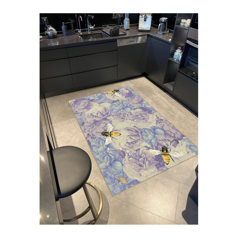Tapis décoratif mauve et bleu à motif floral d'abeille et de fleurs, Sous-tapis rectangulaire 5 pi 1 po x 7 pi 7 po inc