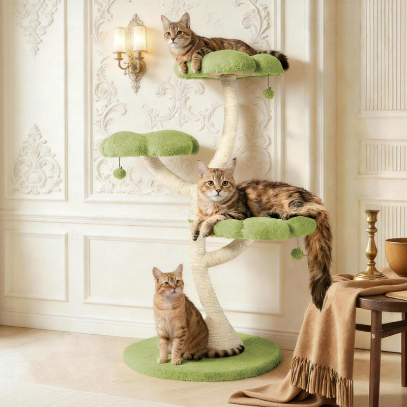 48.4" H Tall Cat Tree Flower Shape Scratching Post Cat Tower, Green