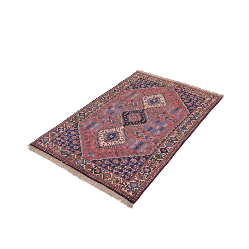 Tapis en laine rouge/bleu/beige 3 pi 3 po x 4 pi 11 po one-of-kind-noué la main