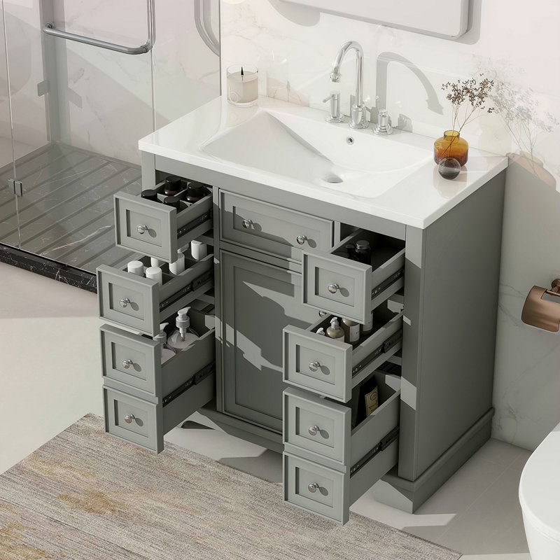Ensemble de meuble-lavabo 36 po avec lavabo, une armoire et six tiroirs, bois massif et panneau de fibres à densité moyenne