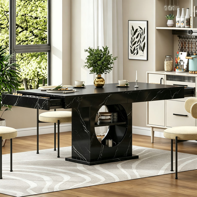 Table de salle à manger pour 6 personnes, table de cuisine de style campagnard en bois de 140 cm avec étagère de rangement à 2 niveaux et 2 tiroirs, table de salle à manger rectangulaire moderne pour petit espace, en marbre noir