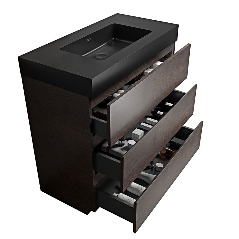 Ensemble de meuble-lavabo autoportant simple 35,8 po avec plateau en pierre Emmalena, Noyer, Noir