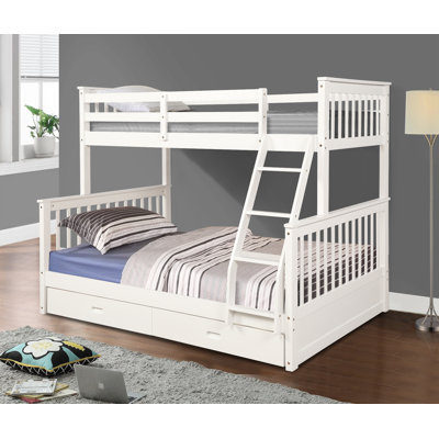 Twin Over Full Bunk Bed With Storage Drawers, Wooden Bunk Bed With Ladder And Safety Guard Rails –White
