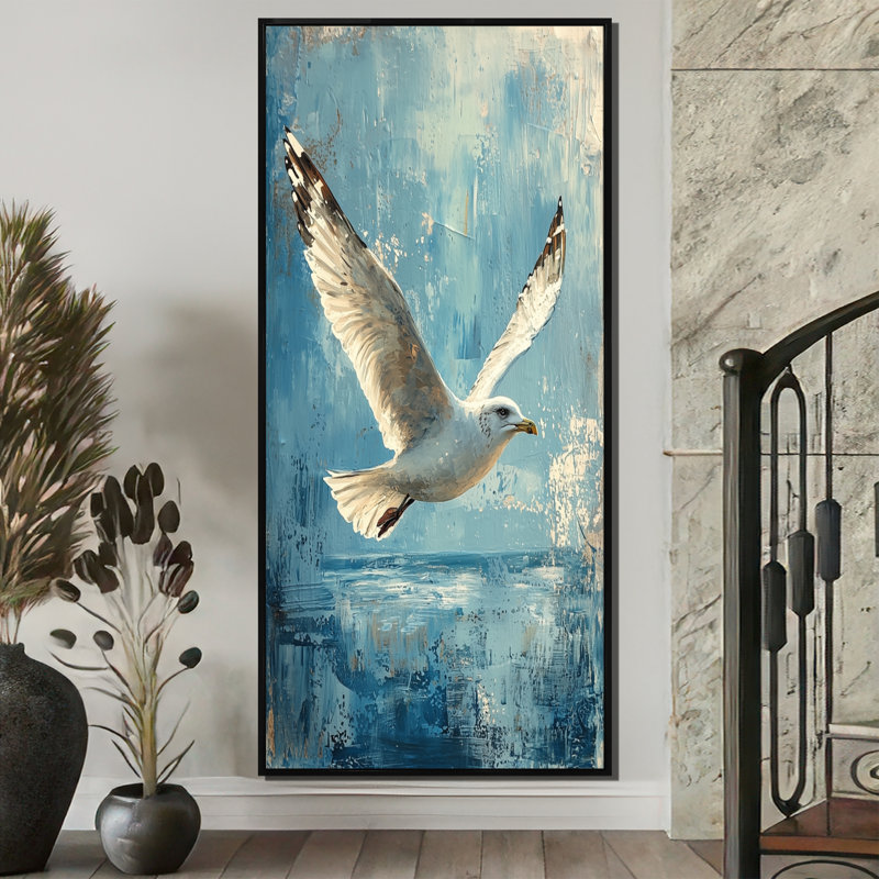 Décoration murale azed goéland dans la brise I - oiseau, H 60 po x l 28 po, Impression encadrée flottante, Noir