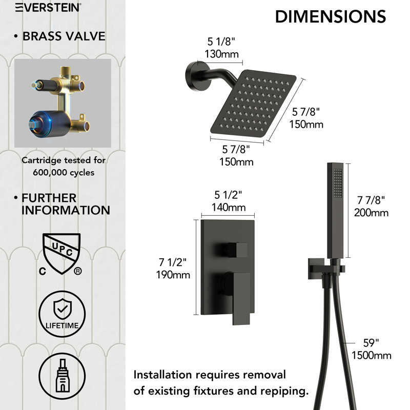 Pressure-Balanced Shower System with 6" Rain Shower Head, Handheld Spray and Rough-In Valve, Matte Black