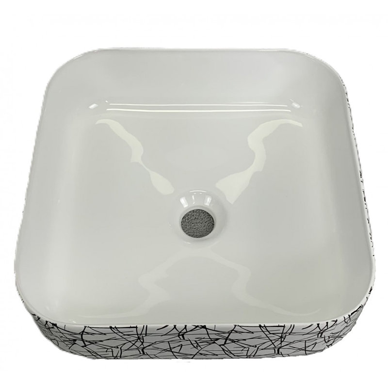 Évier de 15 po carré en porcelaine avec finition blanche brillante et graphiques