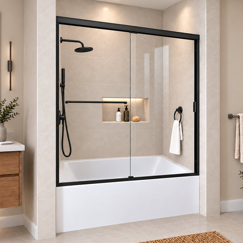Vetra 60 In. W X 56 In. H Semi-Frameless Sliding Bathtub Door With Clear Glass in Brushed Nickel, Matte Black