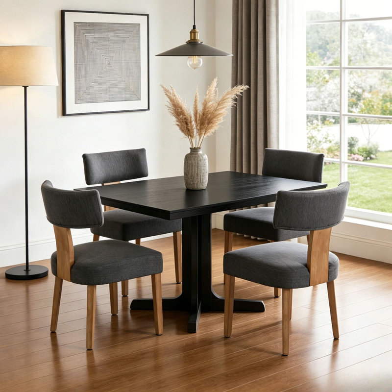  Upholstered Solid Wood Dining Chair Side Chair with Curved Backrest Set of 4, 4, Oak Wood, Dark Gray