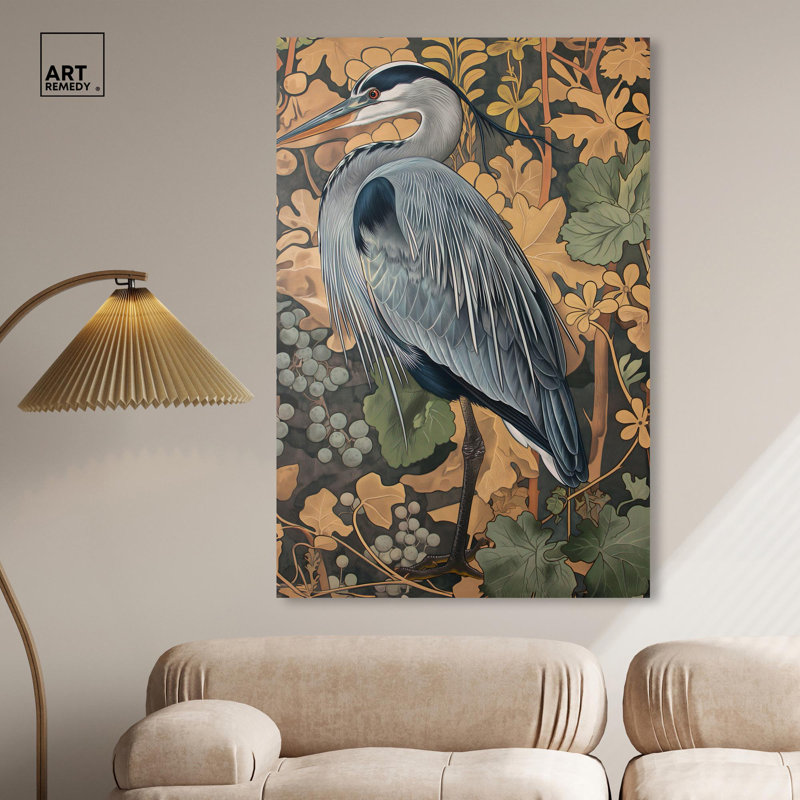 «Heron’s Blue Serenade», toile Maximalist par Art Remedy, H 54 po x l 36 po, Toile tendue