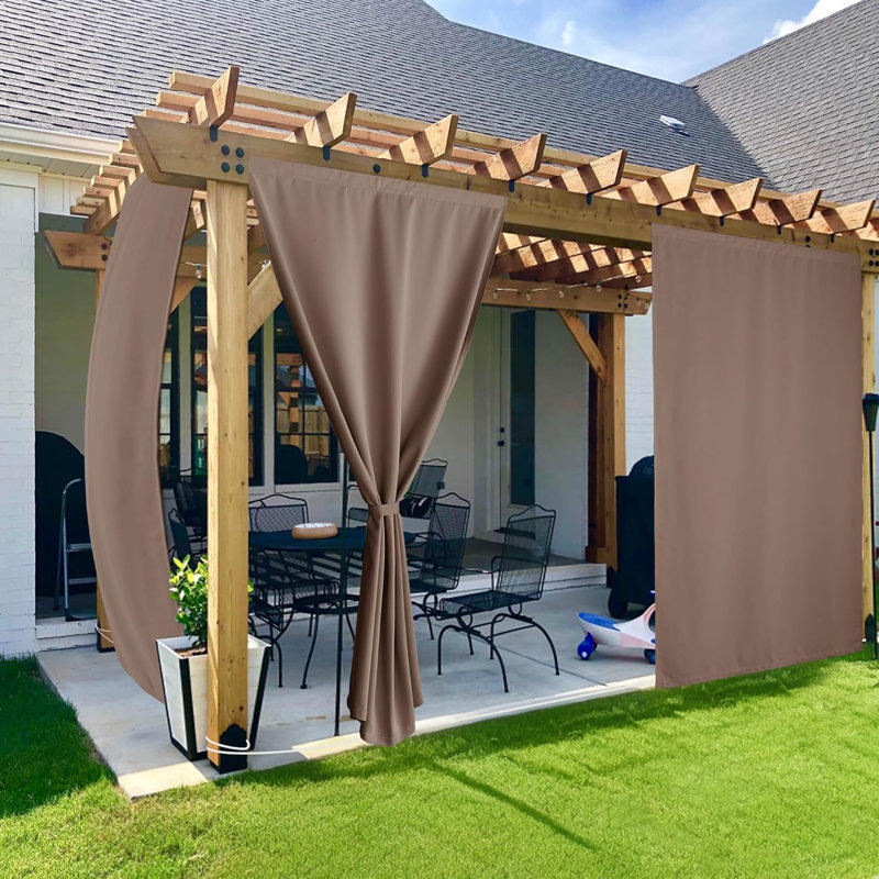  2 Panels Rod-Free Outdoor Curtains for Patio Waterproof, Sticky Top & Back Tab Bottom with Free Rope for Wind Resistance, Weatherproof Drapes for Gazebo/Porch