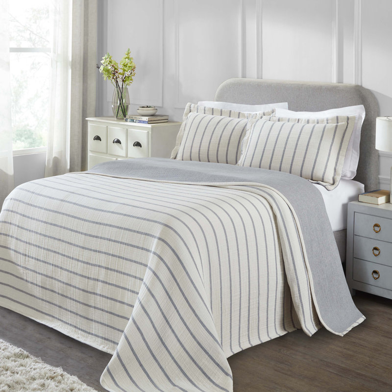 Acacia Valencia Cotton Reversible Medium Weight Matelasse Bedspread And Sham Set, King Bedspread + 2 King Shams, Blue Striped