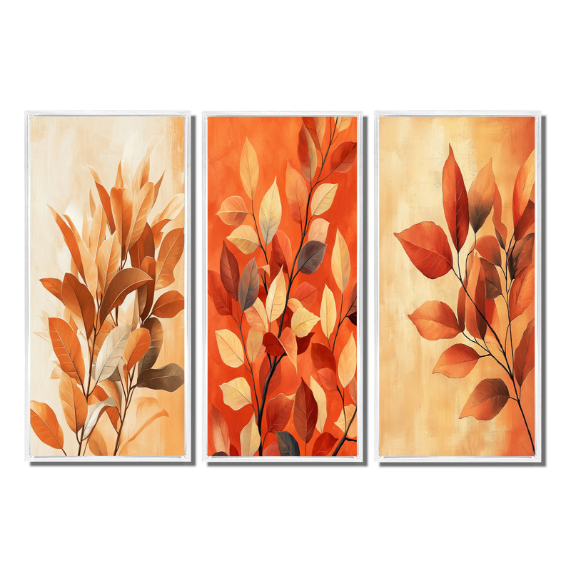 Terre cuite, feuilles, couches de la forêt I - ensemble de 3 décorations murales feuilles, Impression encadrée flottante