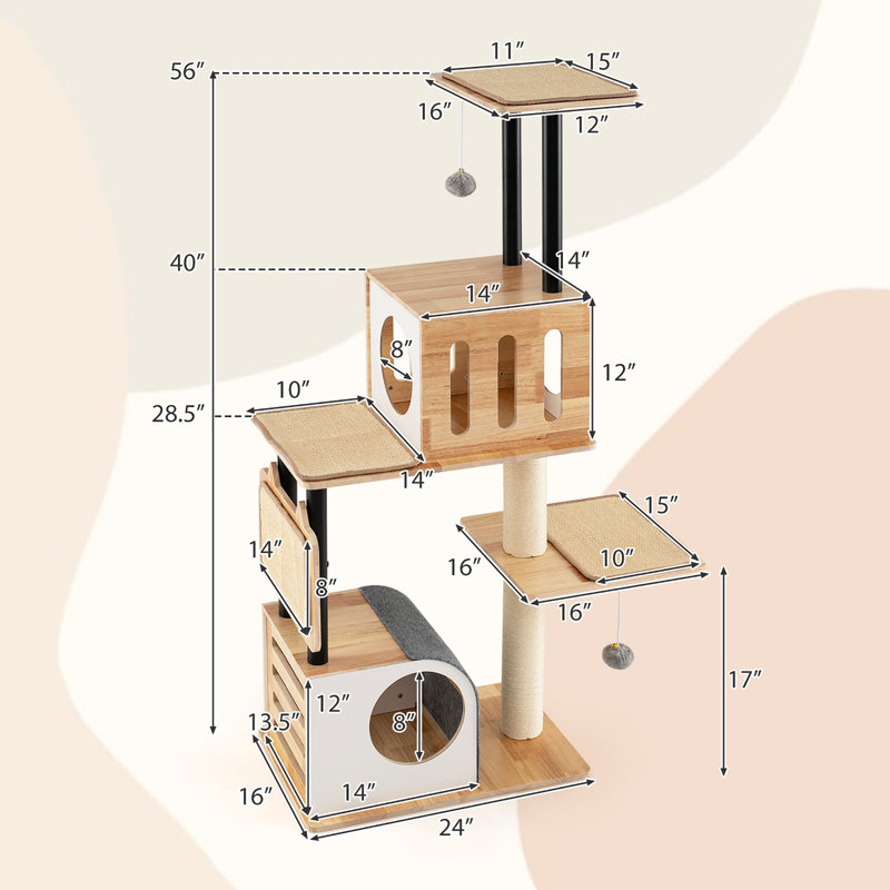  Wood Cat Tree w/Dual Cat Condos Sturdy Metal Tubes Frame Sisal Scratching Posts