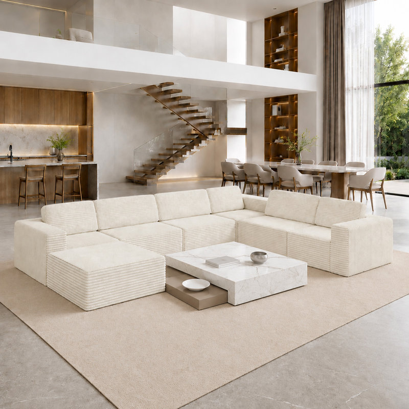 Modular Oversized 404cm 6-seater L-shaped Boneless Corduroy Sofa, No Assembly Required, Beige, Right Hand Facing