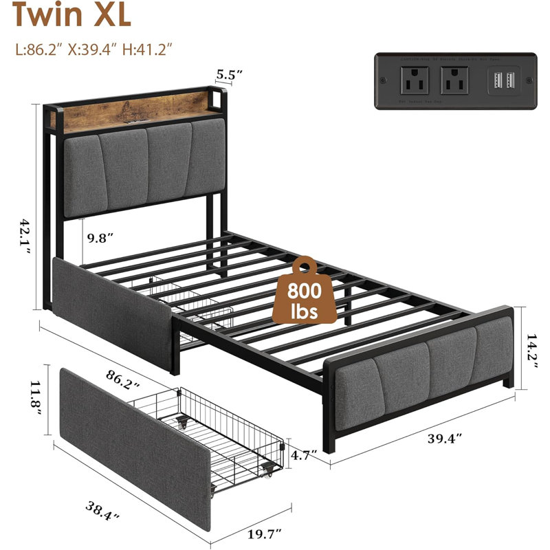 Bed Frame with 2 Storage Drawers and Charging Station, Twin XL